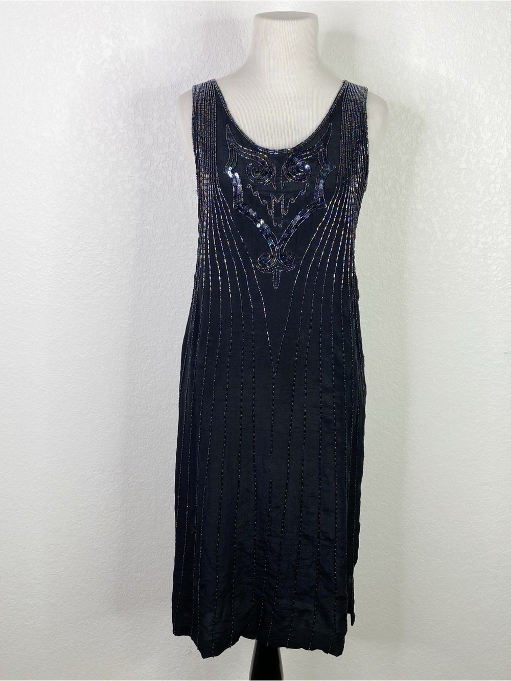 Vintage Black Silk Beaded Mini Dress